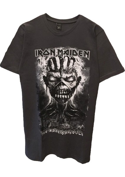 Rock Müzik Iron Maiden Baskılı Gri Tişört
