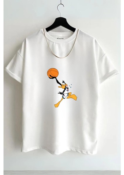 Unisex Daffy Duck Tasarım Baskılı Oversize Kısa Kol %100 Pamuk T-Shirt