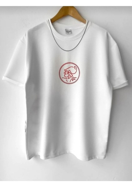 Beyaz Ajax Baskılı Oversize T-Shirt