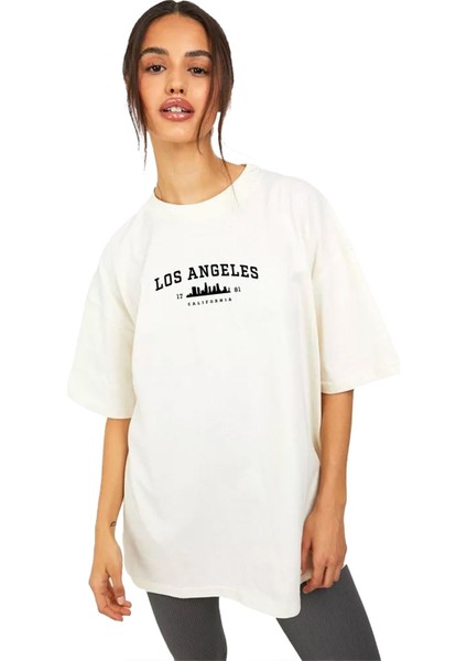Beyaz Los Angeles Yazılı Tasarım Baskılı Bisiklet Yaka Pamuklu Oversize Kadın Erkek/unisex T-Shirt
