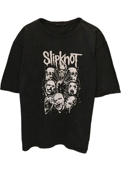 Oversize Yıkamalı Kumaş Rock Müzik Slipknot Baskılı Gri Tişört