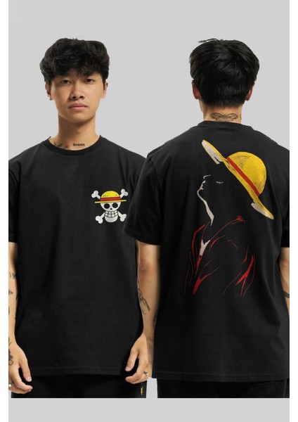 One Piece Monkey D. Luffy Silüet Ön Arka Baskılı Unisex Bisiklet Yaka Tişört