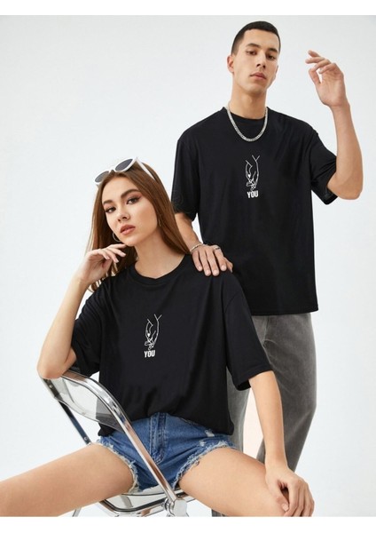 Siyah Ikili You Baskılı Oversize T-Shirt