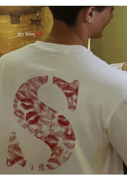 Sevgiliye Harfli Öpücük Kiss Design Baskılı Oversize T-Shirt