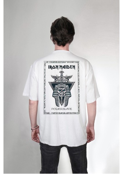 Iron Maiden Powerslave Kurukafa Ön-Arka Taraf Baskılı Yazılı Özel Tasarım Over-Size () T-Shirt