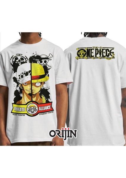 One Piece Pirate Alliance Heart Pirates Strawhat Pirates Ön Arka Baskılı Beyaz Tshirt