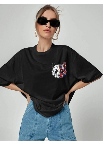Kadın Oversize Panda Baskılı Siyah T-Shirt