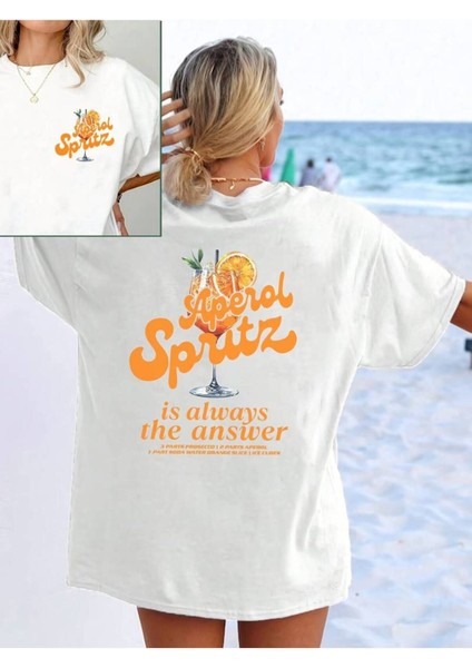 Kokteyl Baskılı Plajda Tatilde Dışarda Giymelik Rahat Oversize Kadın Tshirt