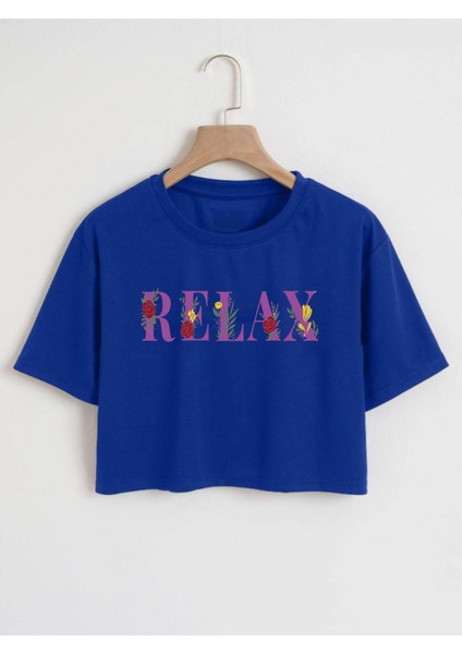 Kadın Relax Baskılı Mavi Crop Tişört