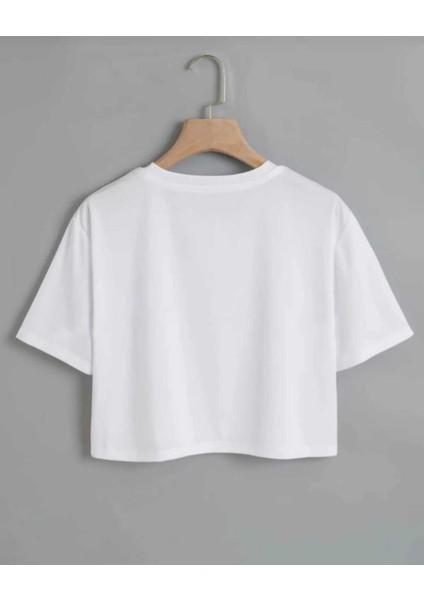 Yazılı ve Baskılı Oversize Pamuklu Rahat Kalıp Crop Tshirt