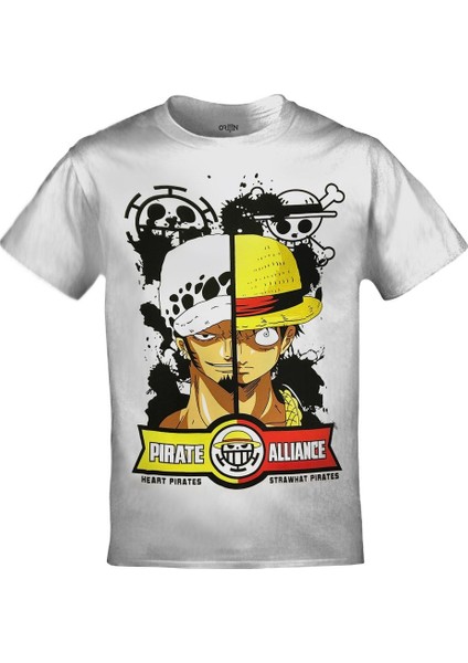 One Piece Pirate Alliance Heart Pirates Strawhat Pirates Ön Arka Baskılı Beyaz Tshirt fiyatları