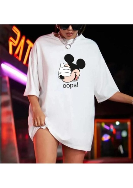 Tasarım Baskılı Micky Mouse Oops! Oversize %100 Pamuk T-Shirt