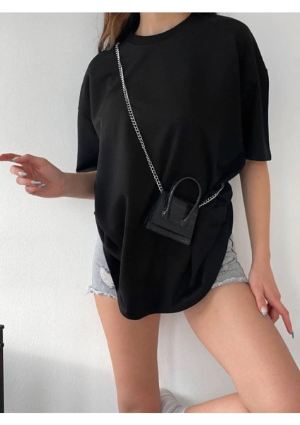 Siyah Unisex Pamuk Bisiklet Yaka Boyfriend Örme Oversize T-Shirt modelleri