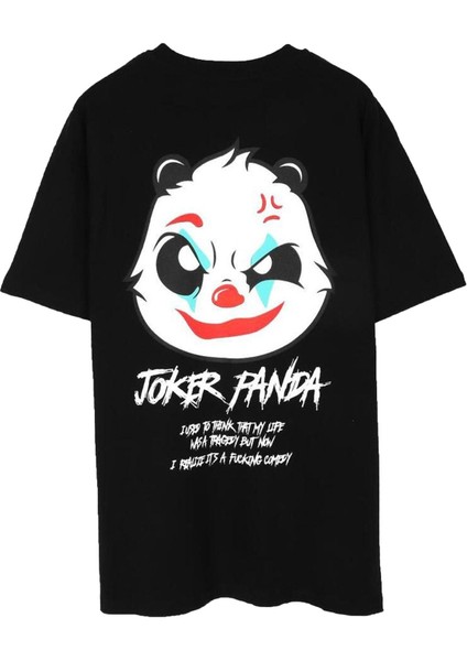 Oversize Joker Panda Sırt Baskılı Siyah Tişört