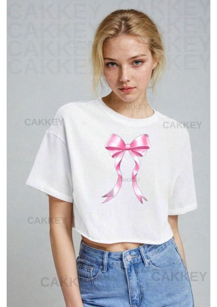 Coquette & Ribbon Kurdele Baskılı Crop T-Shirt fiyatları