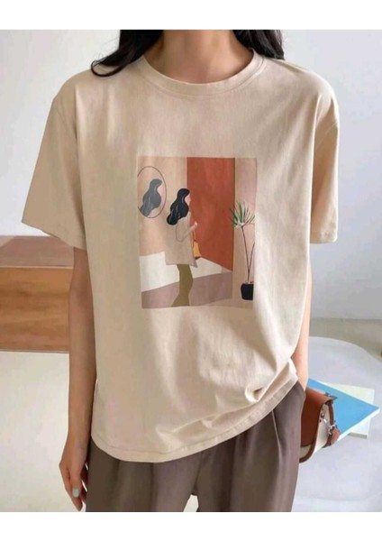 Bej Women Baskılı Oversize T-Shirt modelleri