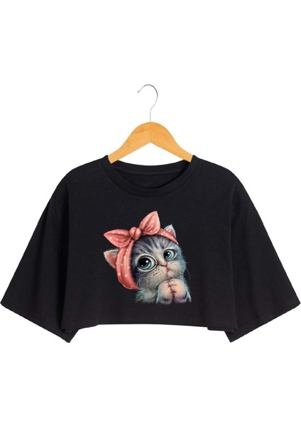 Kadın Sevimli Minik Kedi Baskılı Crop T-Shirt