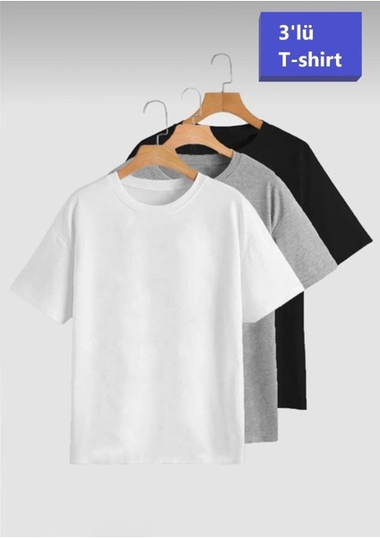 Beyaz-Gri-Siyah (Bol Kalıp) Oversize 3'lü T-Shirt Paketi