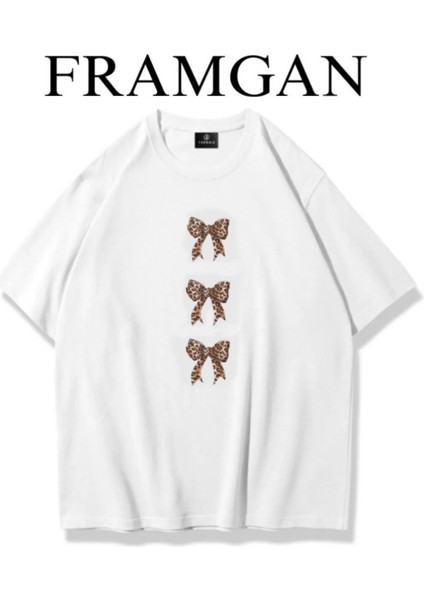 Kadın Leopar Detaylı Pamuklu Bisiklet Yaka Beyaz T-Shirt