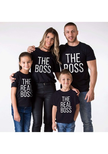 Baba Erkek Kız Çocuk The Boss Baskılı Siyah T-Shirt modelleri