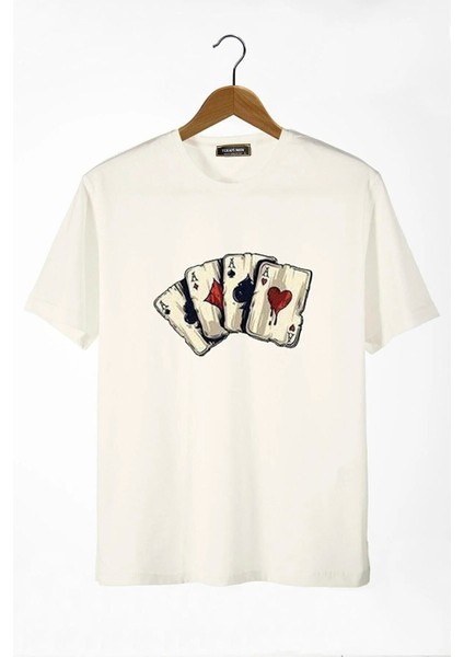 Hunors - Unisex Önü Iskambil Kağıdı Baskılı Bisiklet Yaka Oversize T-Shirt