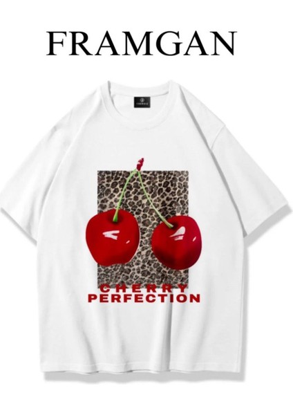 Kadın Cherry Kiraz Baskılı Beyaz T-Shirt