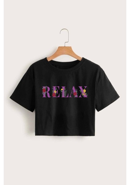 Kadın Relax Baskılı Siyah Crop Tişört