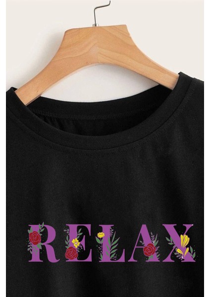 Kadın Relax Baskılı Siyah Crop Tişört fiyatları