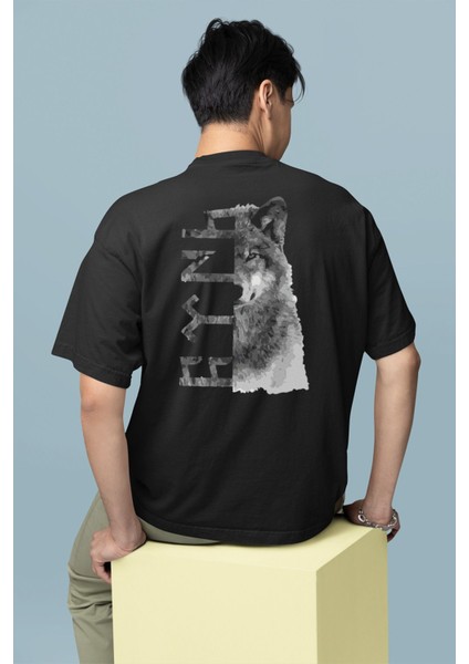 Göktürkçe Türk ve Bozkurt Baskılı Siyah Oversize Tshirt