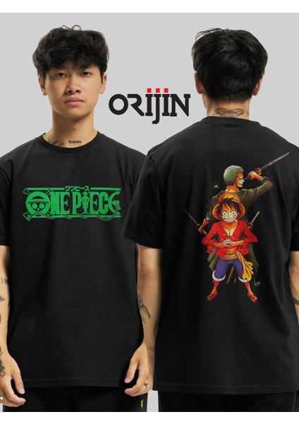 One Piece Monkey D. Luffy Roronoa Zoro Ön Arka Baskılı Siyah Tshirt