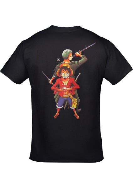 One Piece Monkey D. Luffy Roronoa Zoro Ön Arka Baskılı Siyah Tshirt modelleri