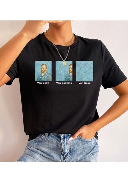 Kadın Siyah Oversize Tişört – Pamuk Penye Kumaş – Van Gogh Baskılı T-Shirt