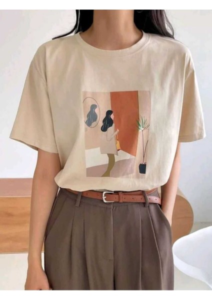 Bej Women Baskılı Oversize T-Shirt