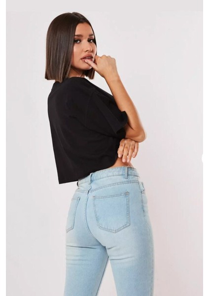 Siyah %100 Pamuk Bisiklet Yaka Crop T-Shirt fiyatları