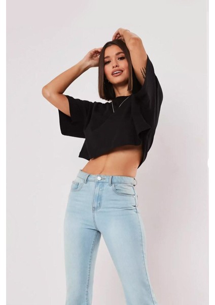 Siyah %100 Pamuk Bisiklet Yaka Crop T-Shirt modelleri