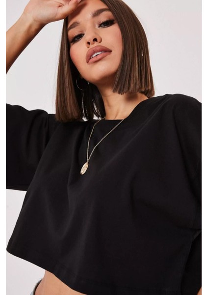 Siyah %100 Pamuk Bisiklet Yaka Crop T-Shirt fırsatları