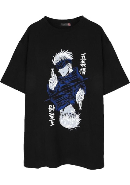 Oversize Anime Jujutsu Kaisen Gojo & Itadori Baskılı Siyah Tişört