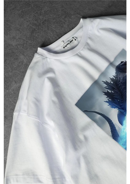 Osuran Godzilla Baskılı Oversize Beyaz Tişört modelleri
