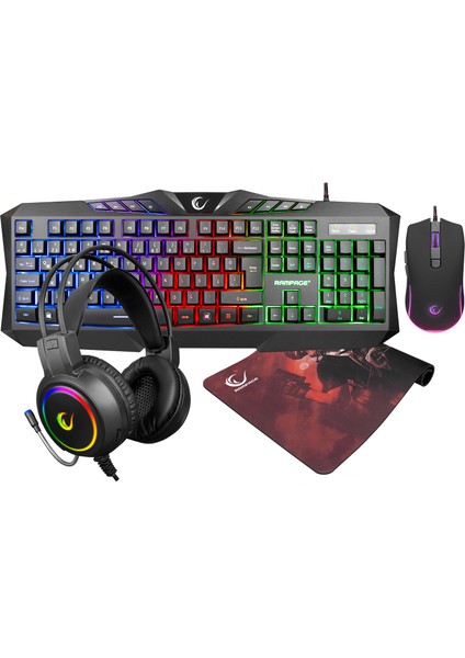KM-404 Argentı Rainbow Aydınlatmalı USB Gaming Combo Q Klavye + Kulaklık + Mouse + Mousepad