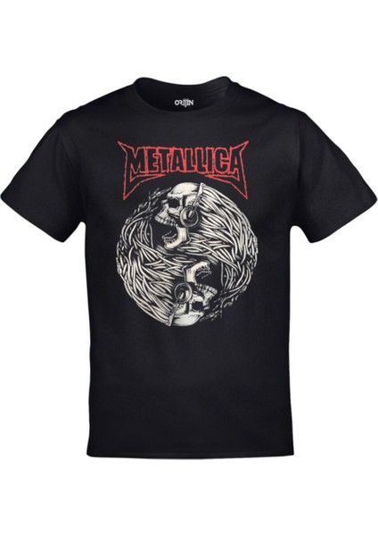 Siyah Metallica - Kulaklıklı Kurukafa Baskılı Tshirt