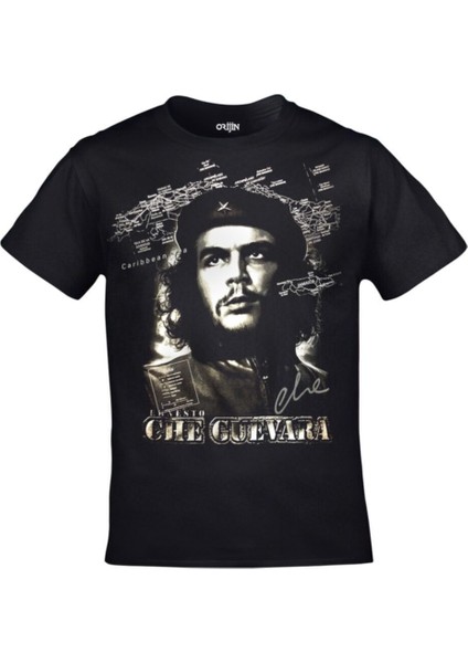Siyah Ernesto Che Guevara Harita Baskılı Tshirt