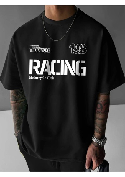 Motorcu Yarış Klubü Baskılı Oversize Kısa Kollu Tshirt