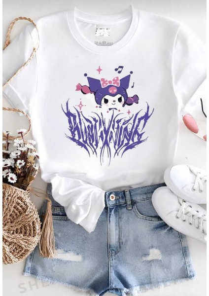 Japon Karakter Kuromi Baskılı Oversize Rahat Kalıp Tshirt