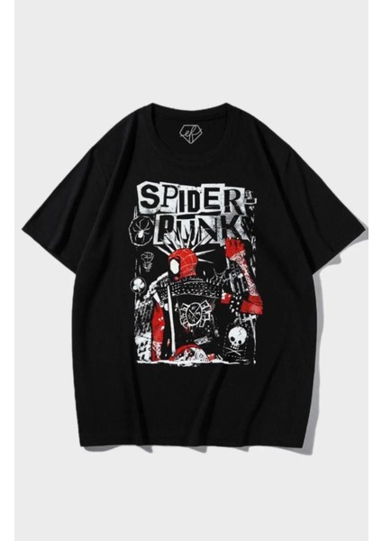 Siyah Y2K Streetwear Spider-Punk Yumuşak Penye Oversize T-Shirt