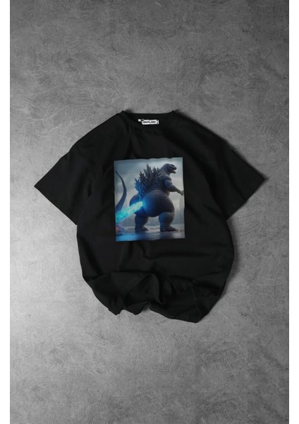 Osuran Godzilla Baskılı Oversize Siyah Tişört