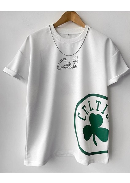 Oversize Baskılı Pamuklu Bisiklet Yaka Kısa Kollu T-Shirt