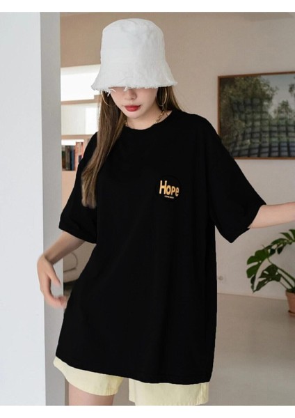 Why Not Siyah Oversize Bisiklet Yaka Baskılı T-Shirt