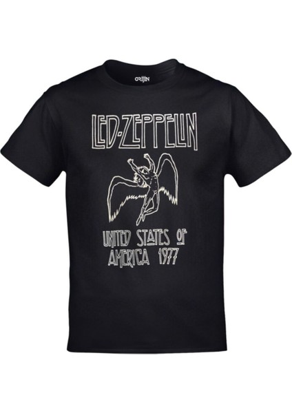 Unisex Siyah LED Zeppelin United States Of America 1977 Baskılı Tshirt