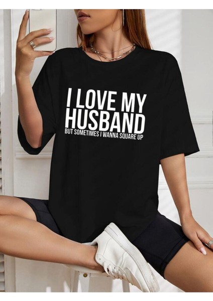 Ilovemyhusband Baskılı Oversize %100 Pamuk T-Shirt modelleri