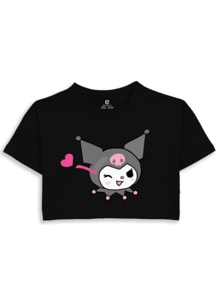 Kadın Kuromi Baskılı Pamuklu Crop T-Shirt